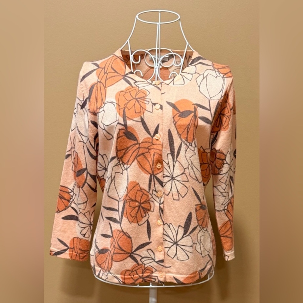 Garnet Hill Floral Merino Wool Cardigan Button Front Sweater M